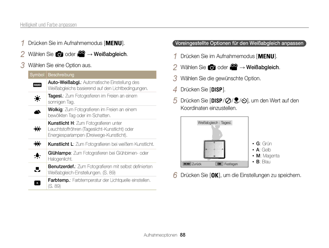 Samsung WB855F, WB850F manual Wählen Sie Oder, Voreingestellte Optionen für den Weißabgleich anpassen , → Weißabgleich 