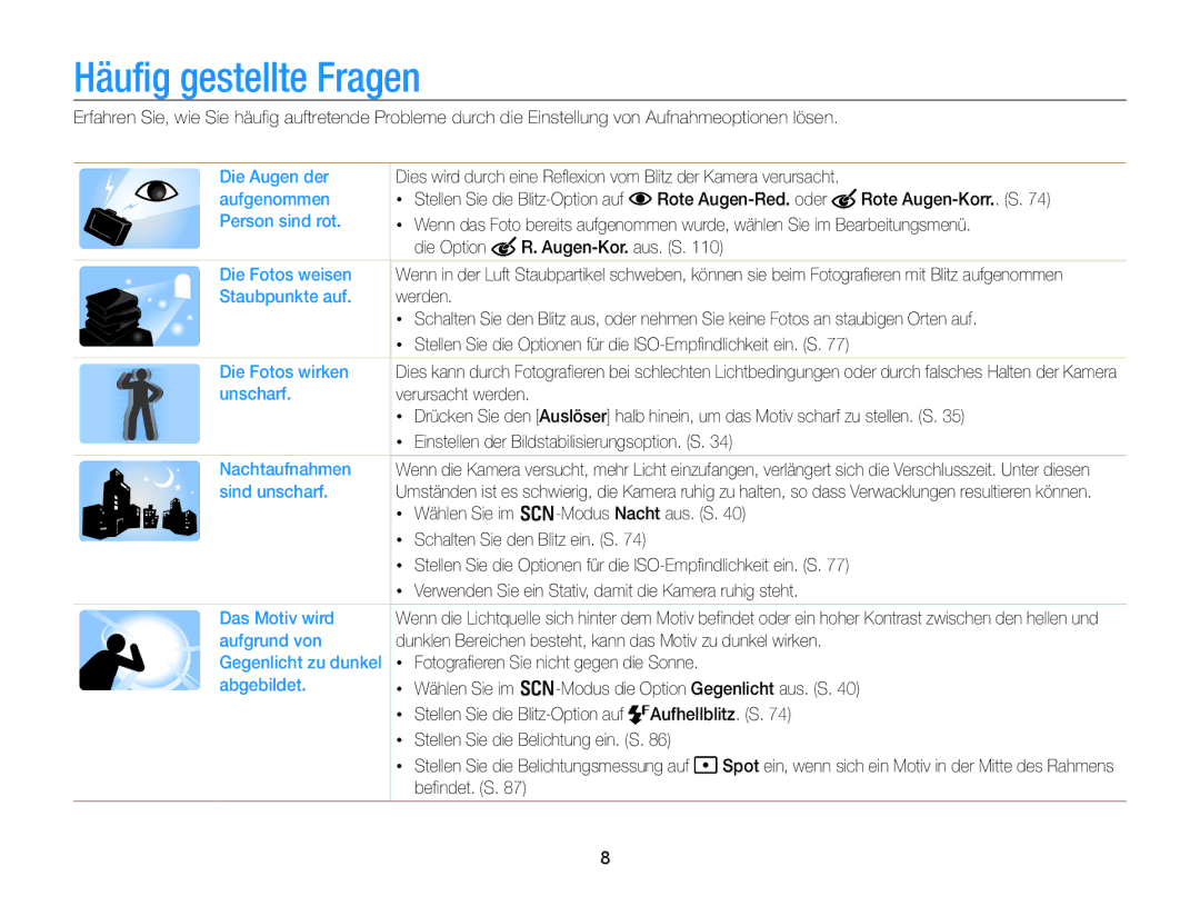 Samsung WB855F, WB850F manual Häufig gestellte Fragen, Die Option Augen-Kor. aus. S, Fotografieren Sie nicht gegen die Sonne 