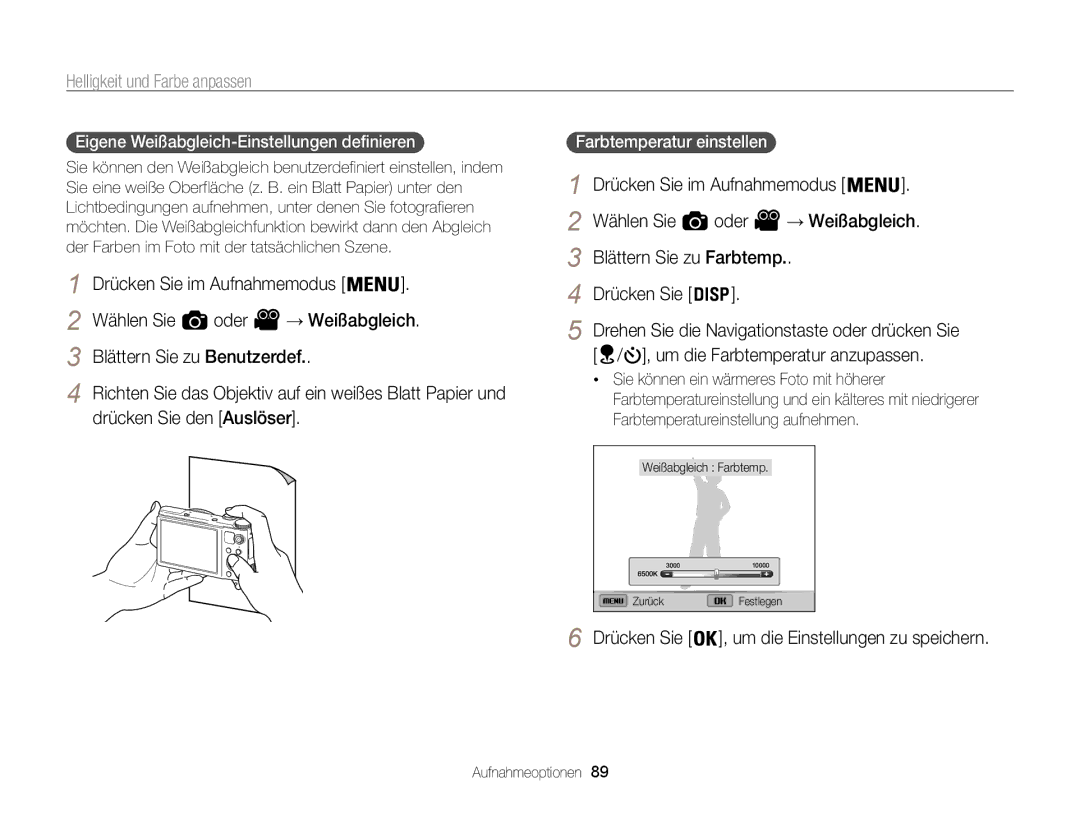 Samsung WB850F, WB855F manual Eigene Weißabgleich-Einstellungen definieren  