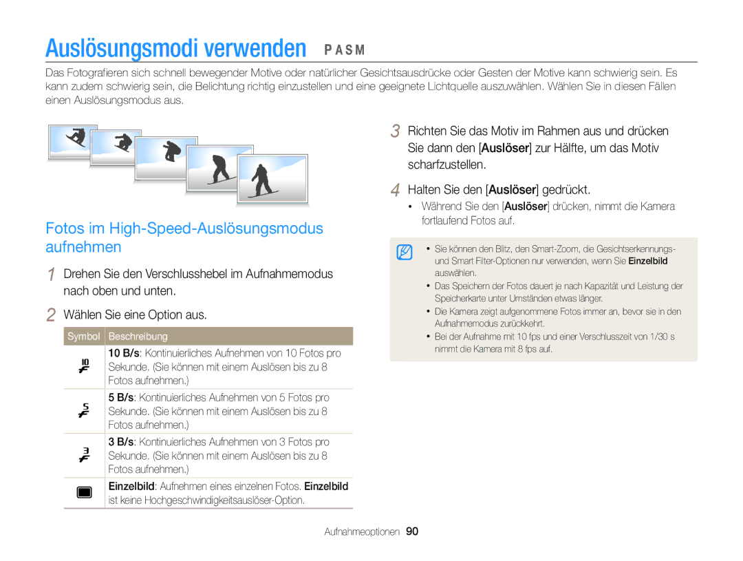 Samsung WB855F, WB850F manual Auslösungsmodi verwenden, Fotos im High-Speed-Auslösungsmodus aufnehmen 