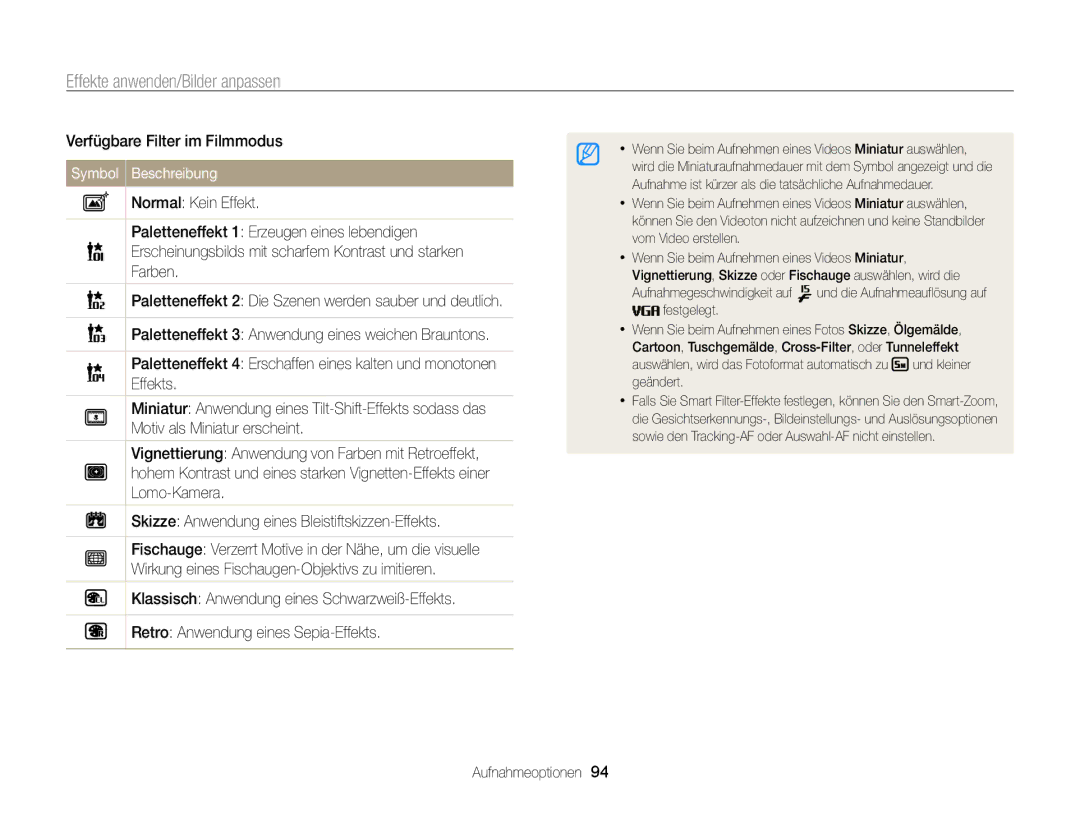 Samsung WB855F, WB850F manual Effekte anwenden/Bilder anpassen, Verfügbare Filter im Filmmodus 