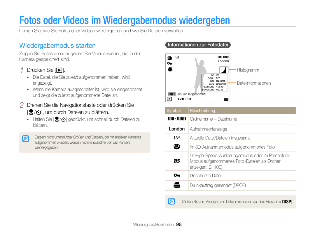 Samsung WB855F Fotos oder Videos im Wiedergabemodus wiedergeben, Wiedergabemodus starten, Informationen zur Fotodatei  