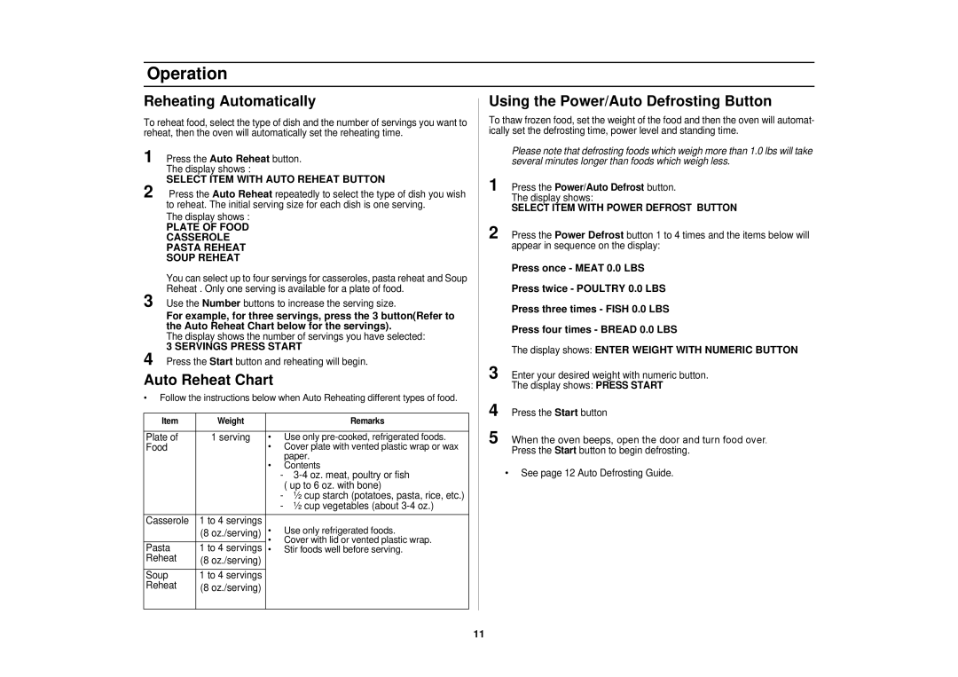 Samsung BC, WC, SMV9165SC, CC manual Reheating Automatically, Auto Reheat Chart, Using the Power/Auto Defrosting Button 