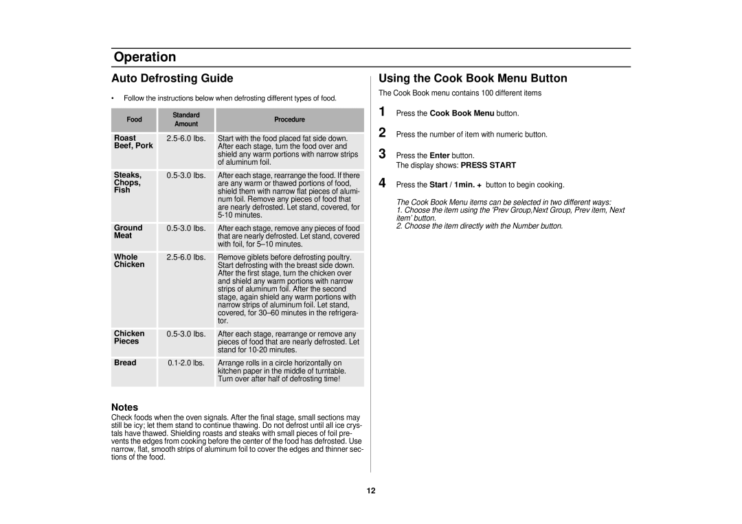 Samsung WC, SMV9165SC, CC, BC manual Auto Defrosting Guide, Using the Cook Book Menu Button 