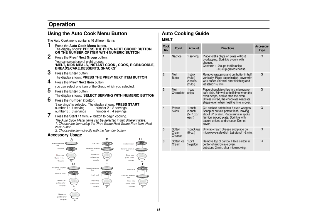 Samsung BC, WC, SMV9165SC, CC manual Using the Auto Cook Menu Button, Auto Cooking Guide, Accessory Usage, Melt 