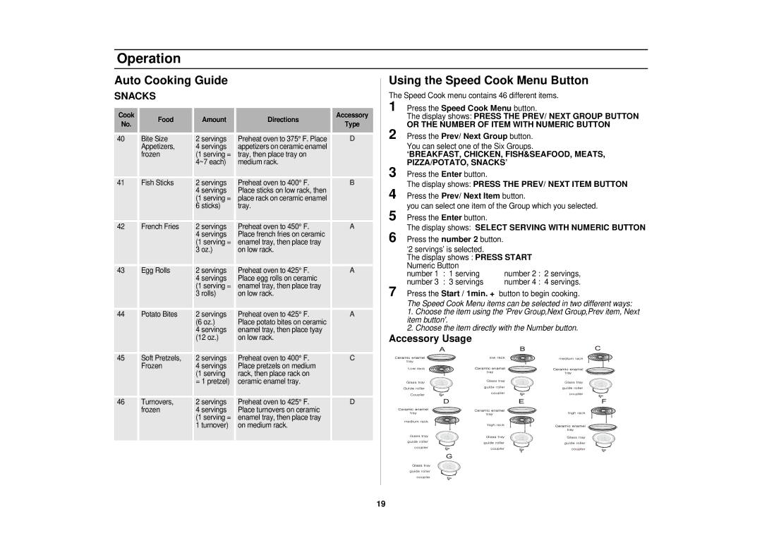 Samsung BC, WC, SMV9165SC, CC manual Using the Speed Cook Menu Button, Snacks 