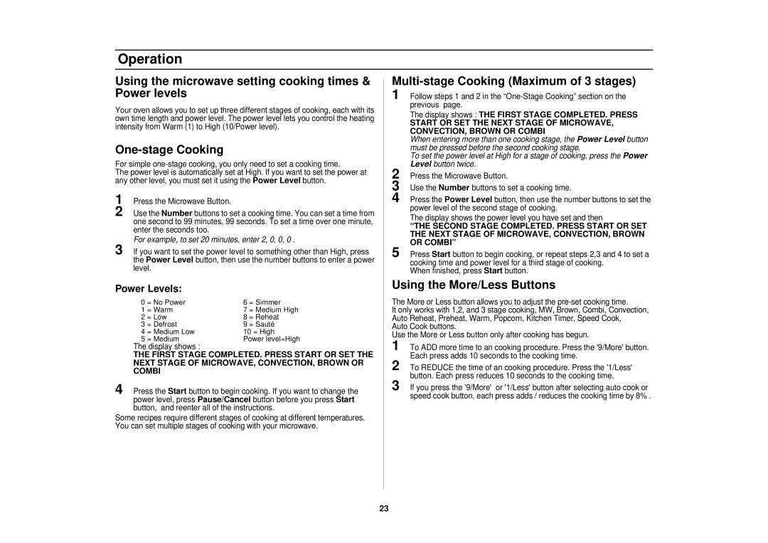 Samsung BC, WC, CC Using the microwave setting cooking times & Power levels, One-stage Cooking, Using the More/Less Buttons 