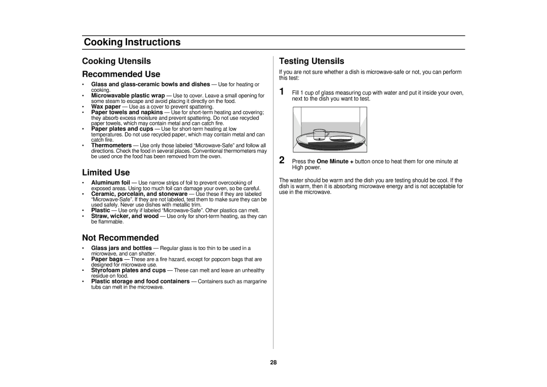 Samsung WC, CC, BC Cooking Instructions, Cooking Utensils Recommended Use, Limited Use, Not Recommended, Testing Utensils 