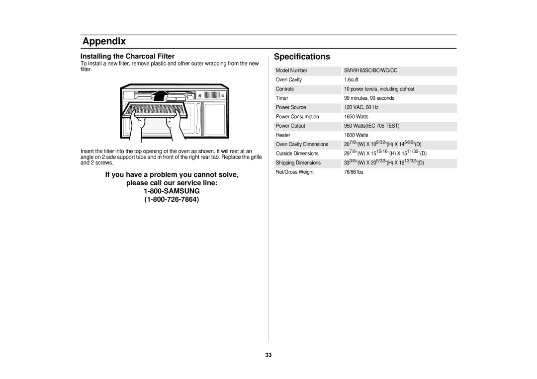 Samsung SMV9165SC, WC, CC, BC manual Specifications, Installing the Charcoal Filter 