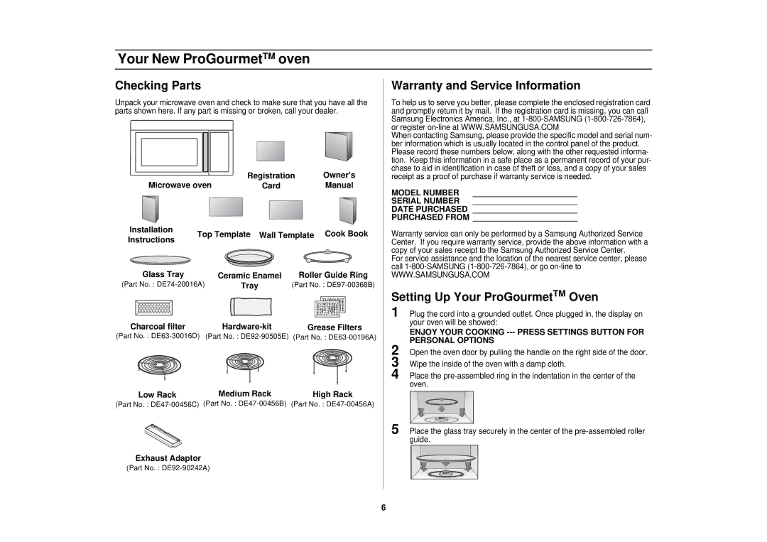 Samsung CC Your New ProGourmetTM oven, Checking Parts, Warranty and Service Information, Setting Up Your ProGourmetTM Oven 