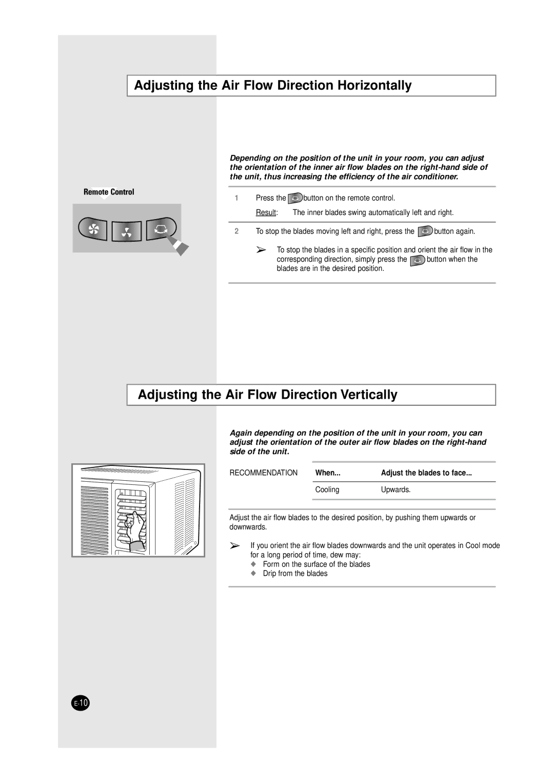 Samsung AW12A6(A7)JD, WC12ZR Adjusting the Air Flow Direction Horizontally, Adjusting the Air Flow Direction Vertically 