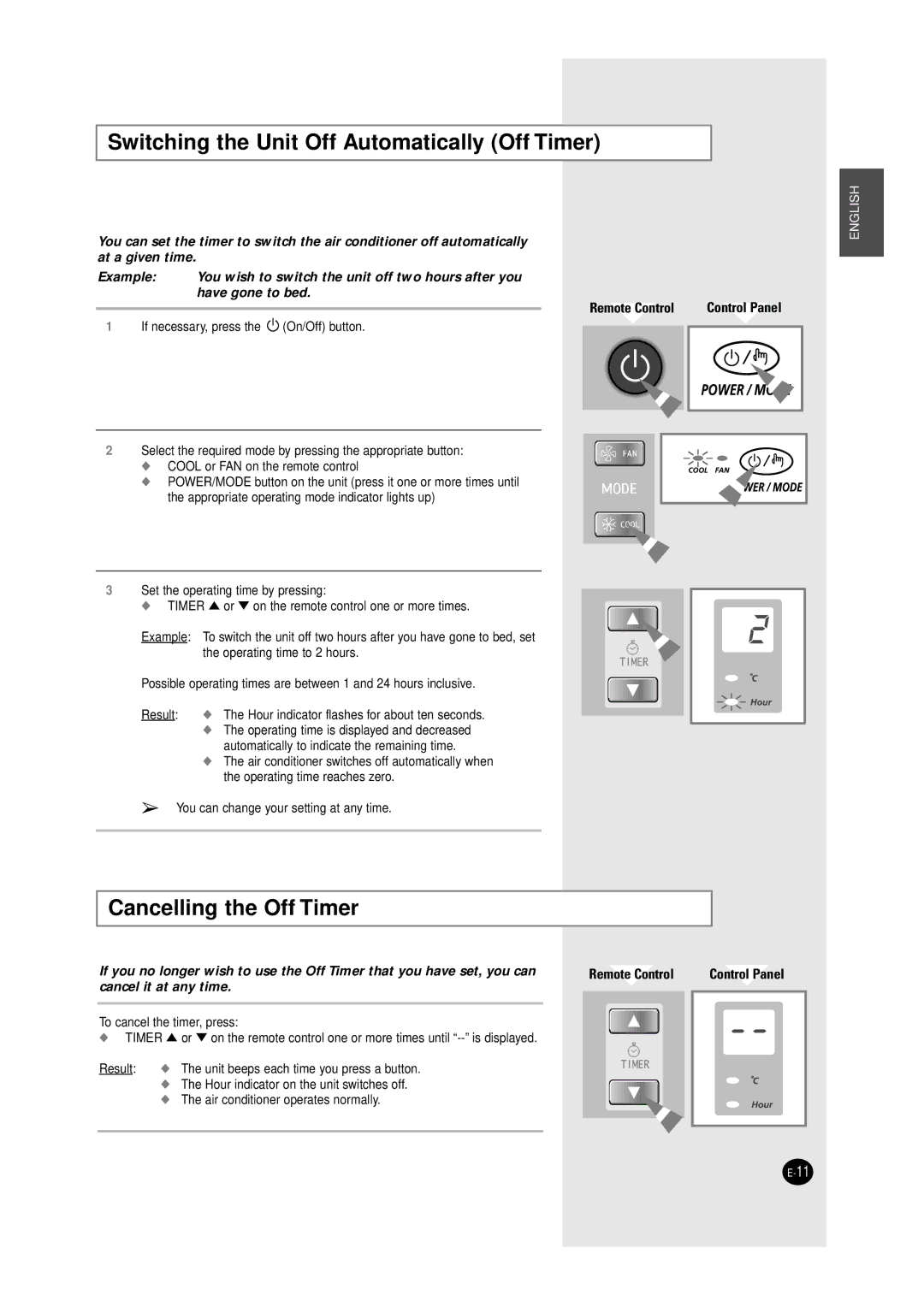 Samsung AW146JB, WC12ZR, AW12A6(A7)JA, AW147JB Switching the Unit Off Automatically Off Timer, Cancelling the Off Timer 