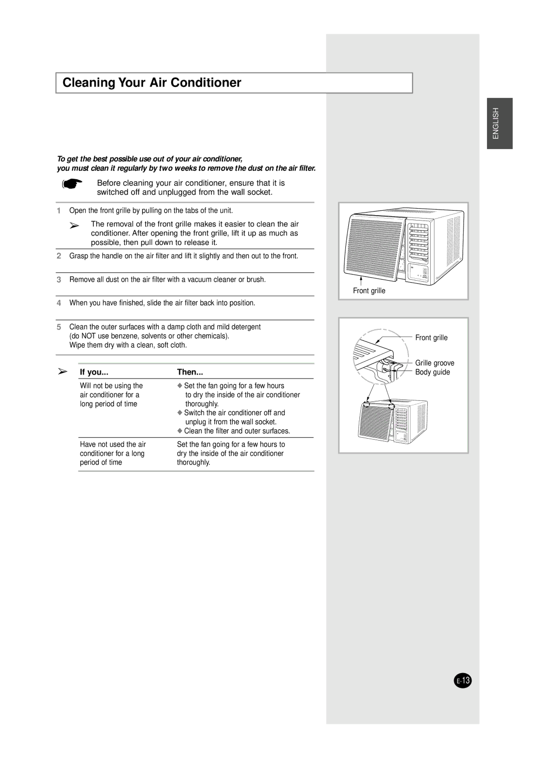 Samsung AW126JE/B, WC12ZR, AW12A6(A7)JA Cleaning Your Air Conditioner, Switched off and unplugged from the wall socket 