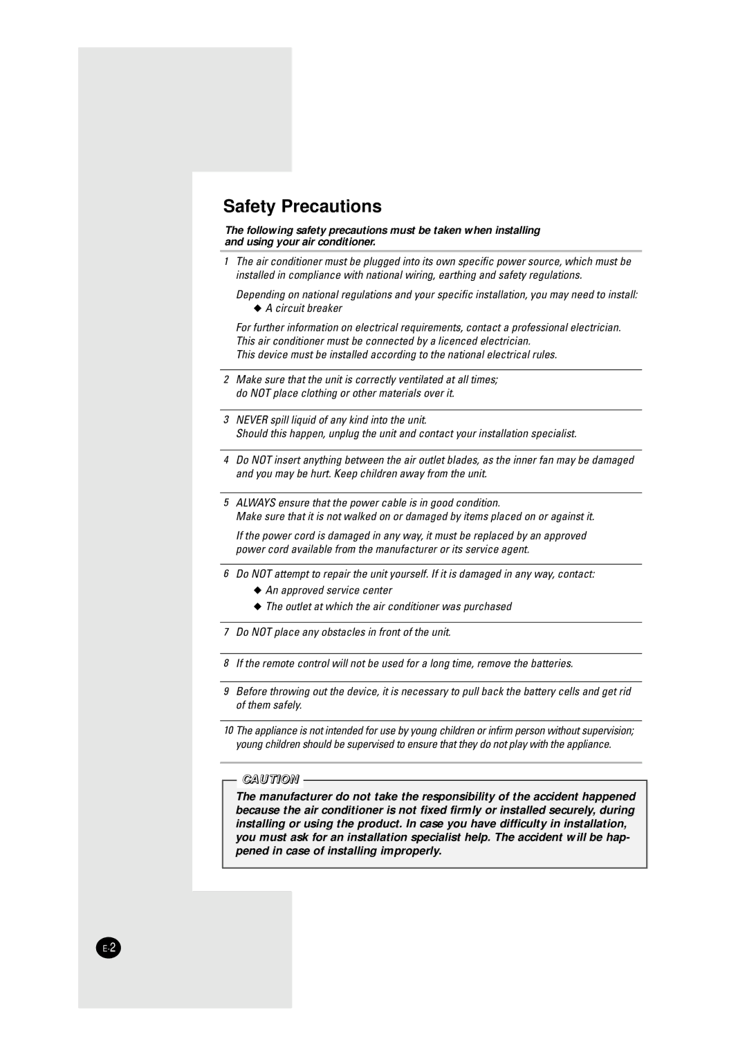 Samsung AW147JB, WC12ZR, AW12A6(A7)JA, AW12A6(A7)JD, AW146JB, AW127JE/B, AW126JE/B manuel dutilisation Safety Precautions 