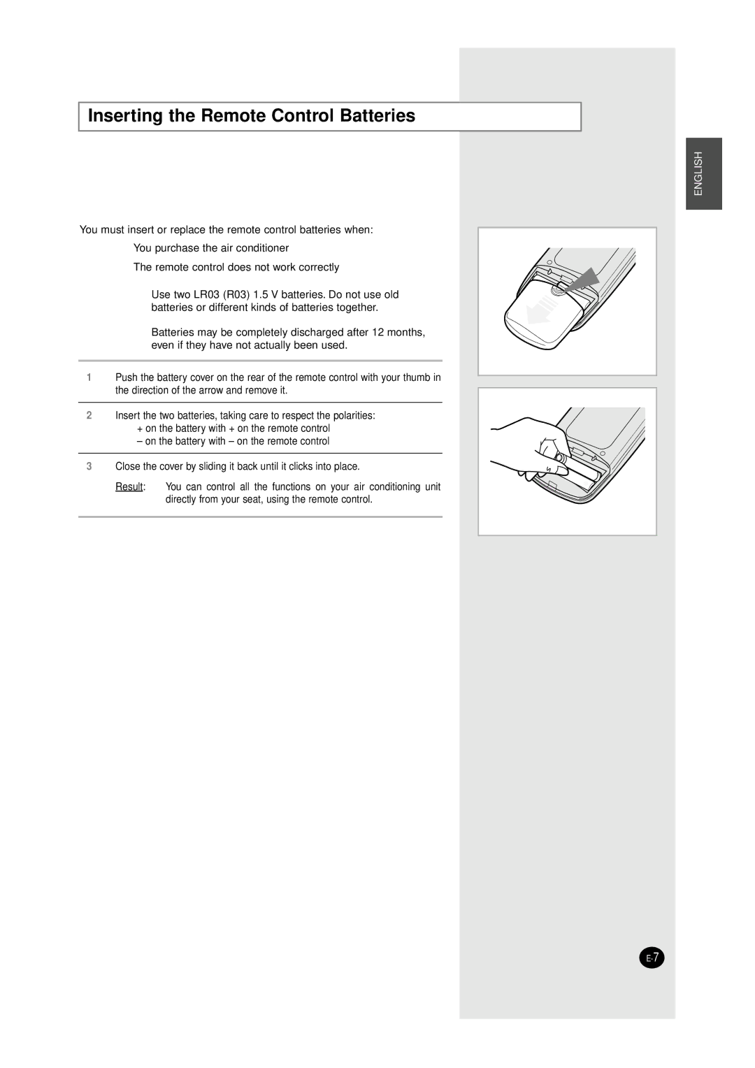 Samsung WC12ZR, AW12A6(A7)JA, AW147JB, AW12A6(A7)JD, AW146JB, AW127JE/B, AW126JE/B Inserting the Remote Control Batteries 