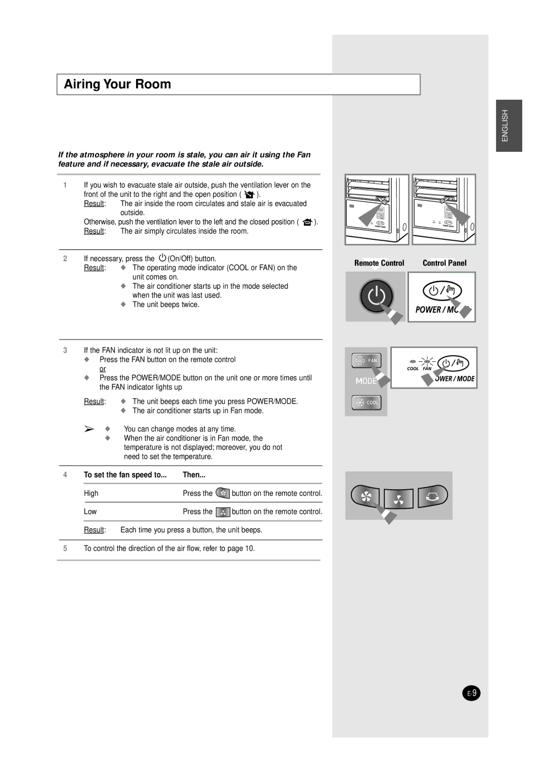 Samsung AW147JB, WC12ZR, AW12A6(A7)JA, AW12A6(A7)JD, AW146JB, AW127JE/B Airing Your Room, To set the fan speed to Then 