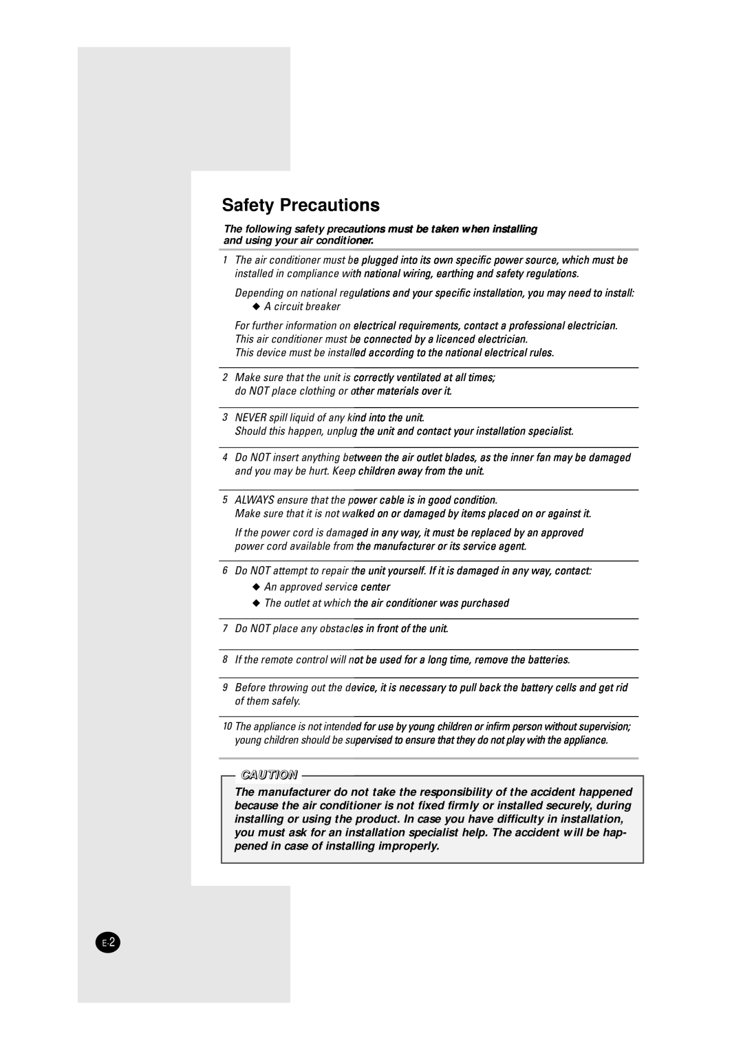 Samsung AW147JB, WC12ZR, AW12A6(A7)JA, AW12A6(A7)JD, AW146JB, AW127JE/B, AW126JE/B manuel dutilisation Safety Precautions 