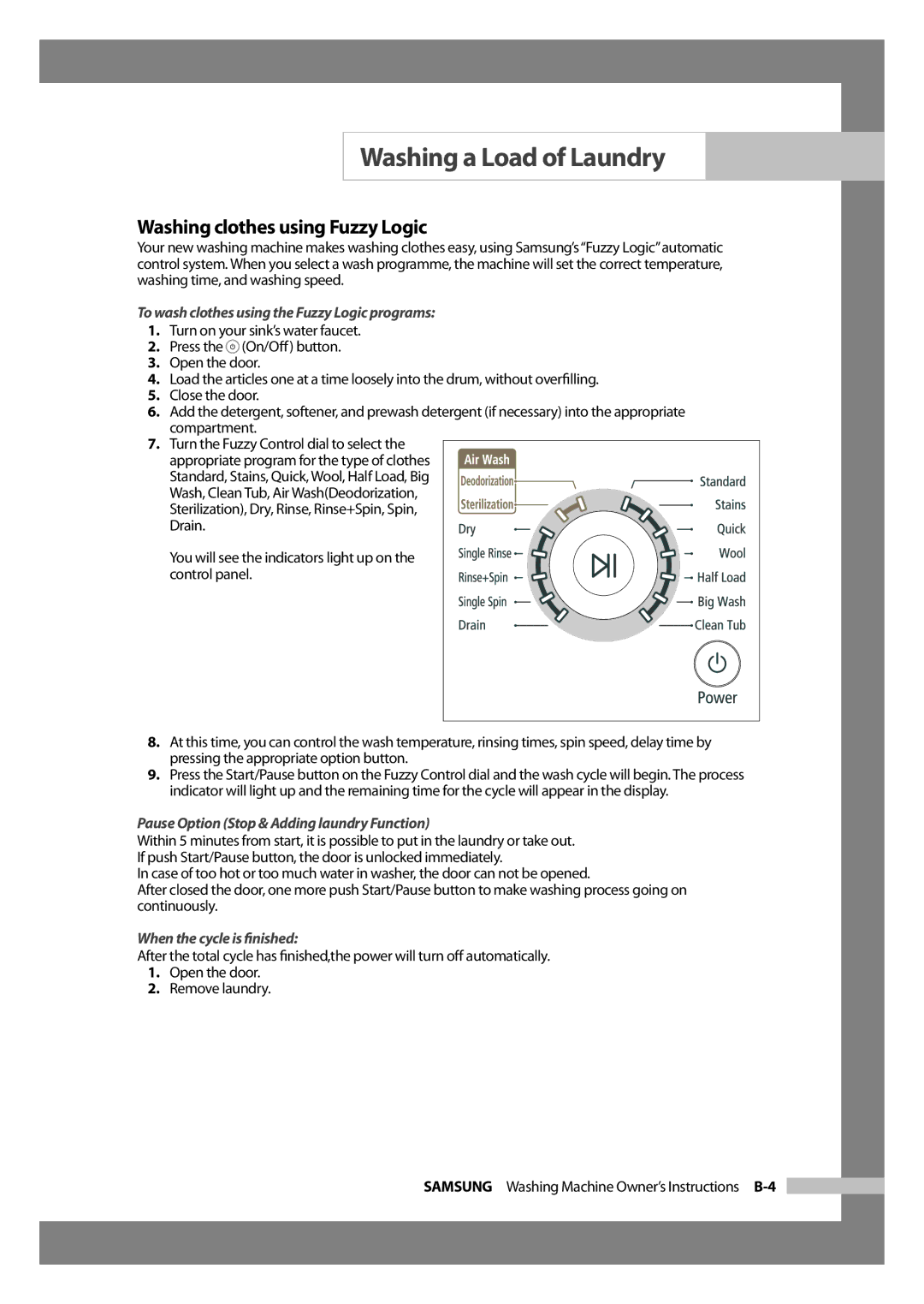 Samsung WD-J1255CF/YL, WD-J1255R/YNQ Washing clothes using Fuzzy Logic, To wash clothes using the Fuzzy Logic programs 