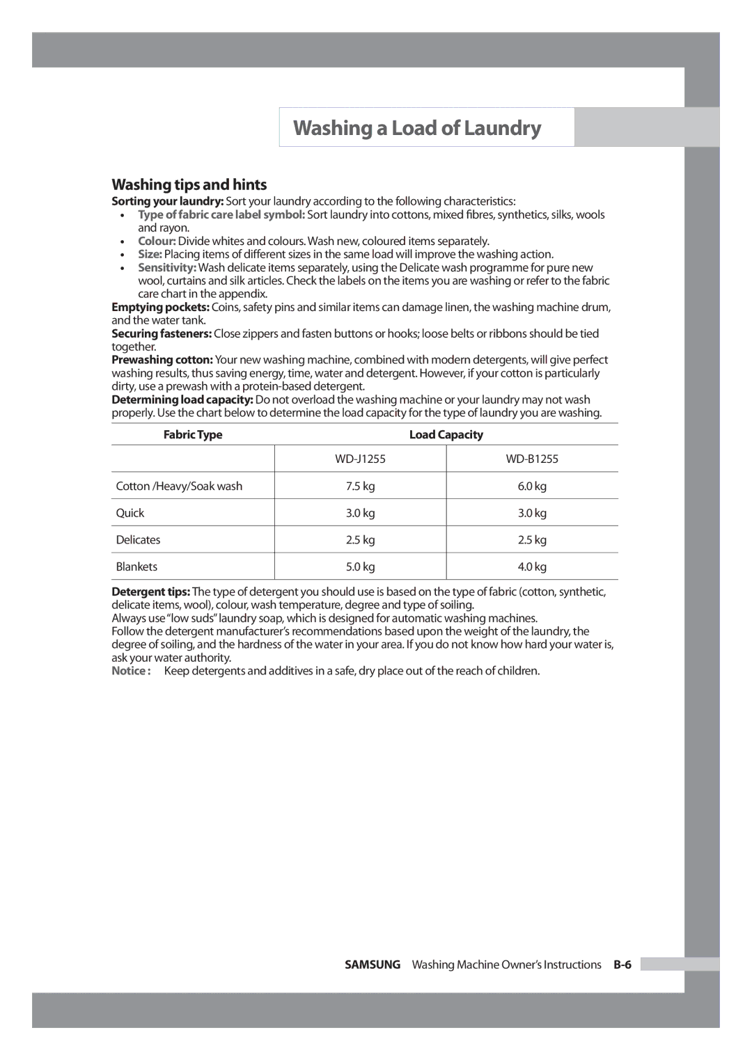 Samsung WD-J1255CF/YL, WD-J1255R/YNQ manual Washing tips and hints, Fabric Type Load Capacity 