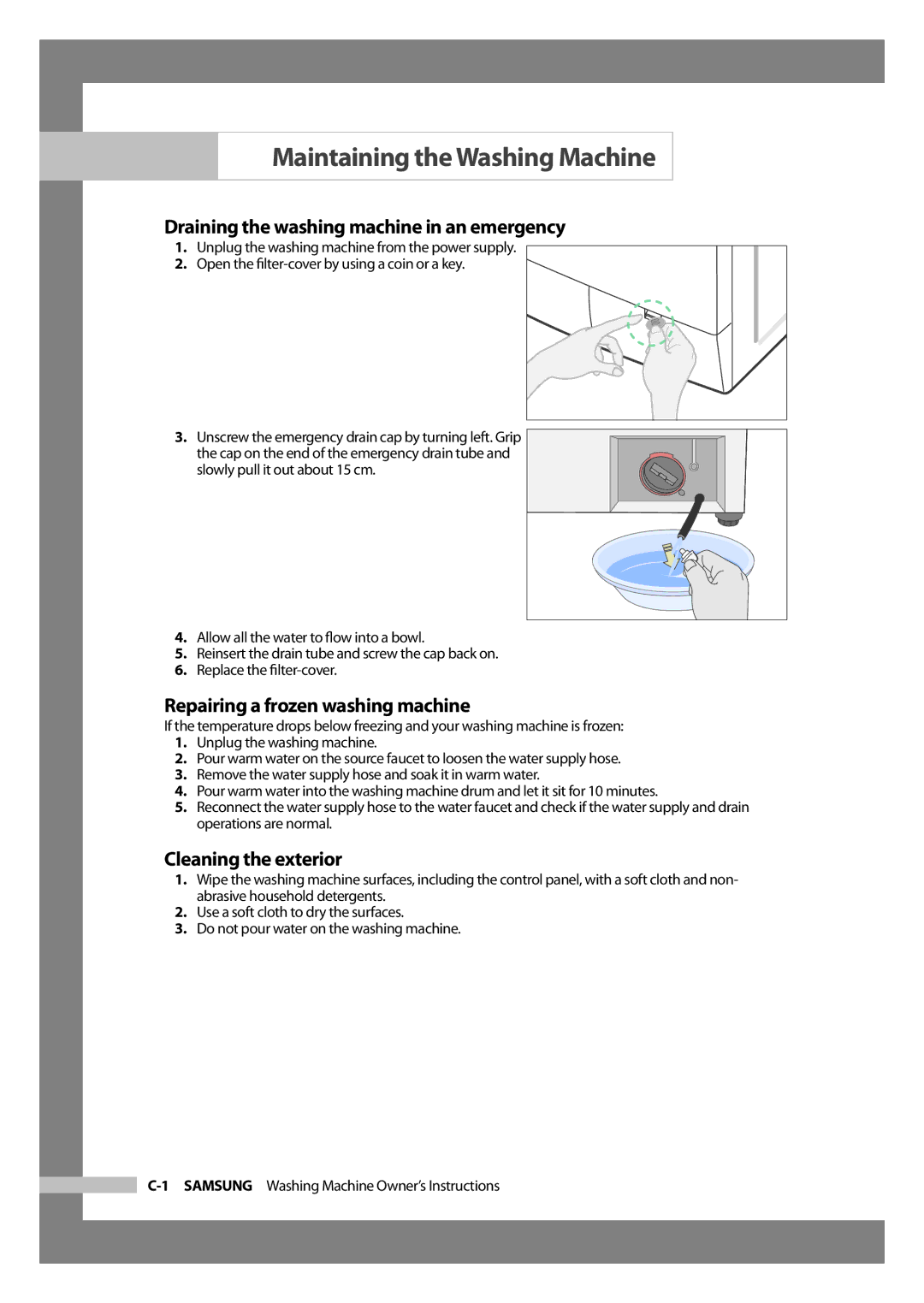 Samsung WD-J1255R/YNQ Maintaining the Washing Machine, Draining the washing machine in an emergency, Cleaning the exterior 