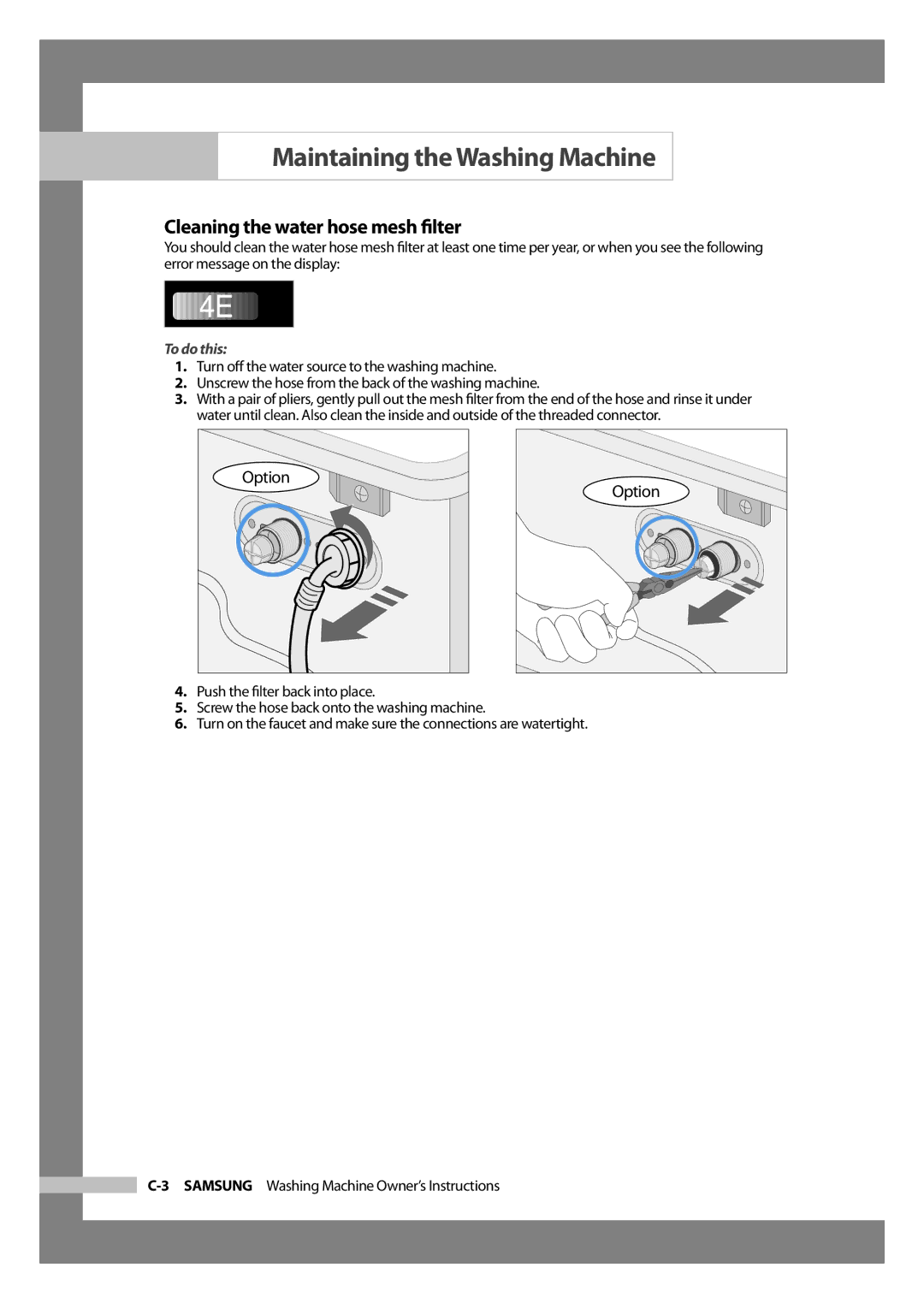 Samsung WD-J1255R/YNQ, WD-J1255CF/YL manual Cleaning the water hose mesh ﬁlter, To do this 