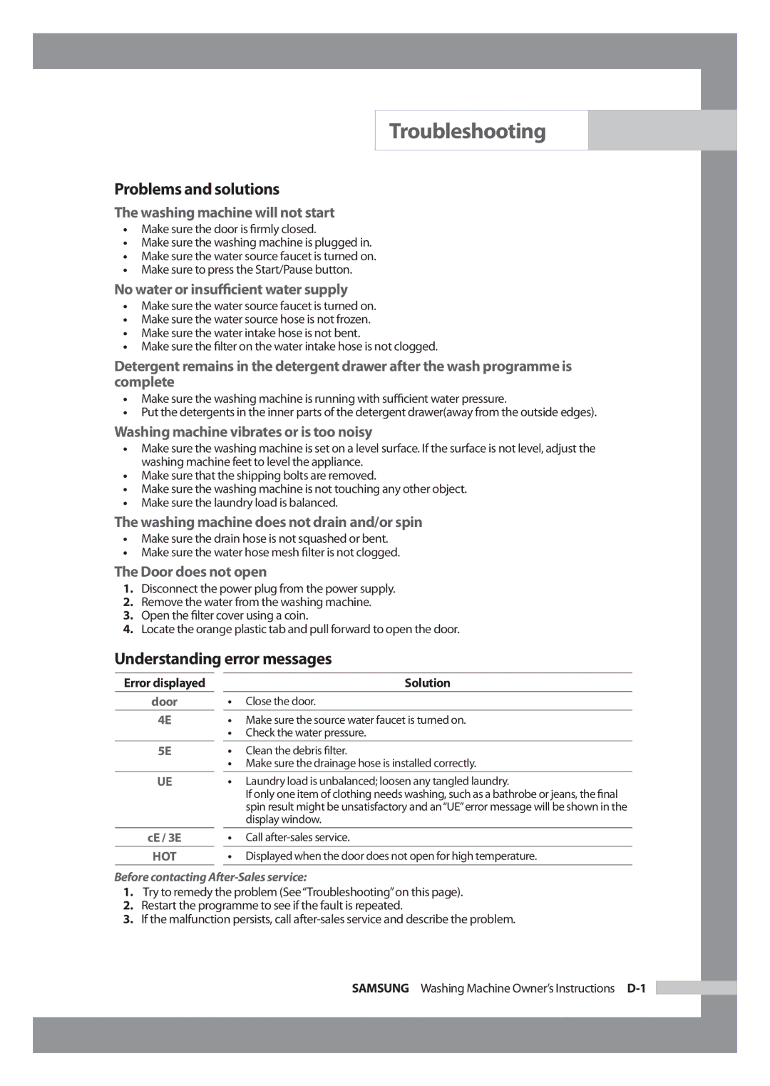 Samsung WD-J1255CF/YL, WD-J1255R/YNQ manual Troubleshooting, Problems and solutions, Understanding error messages 