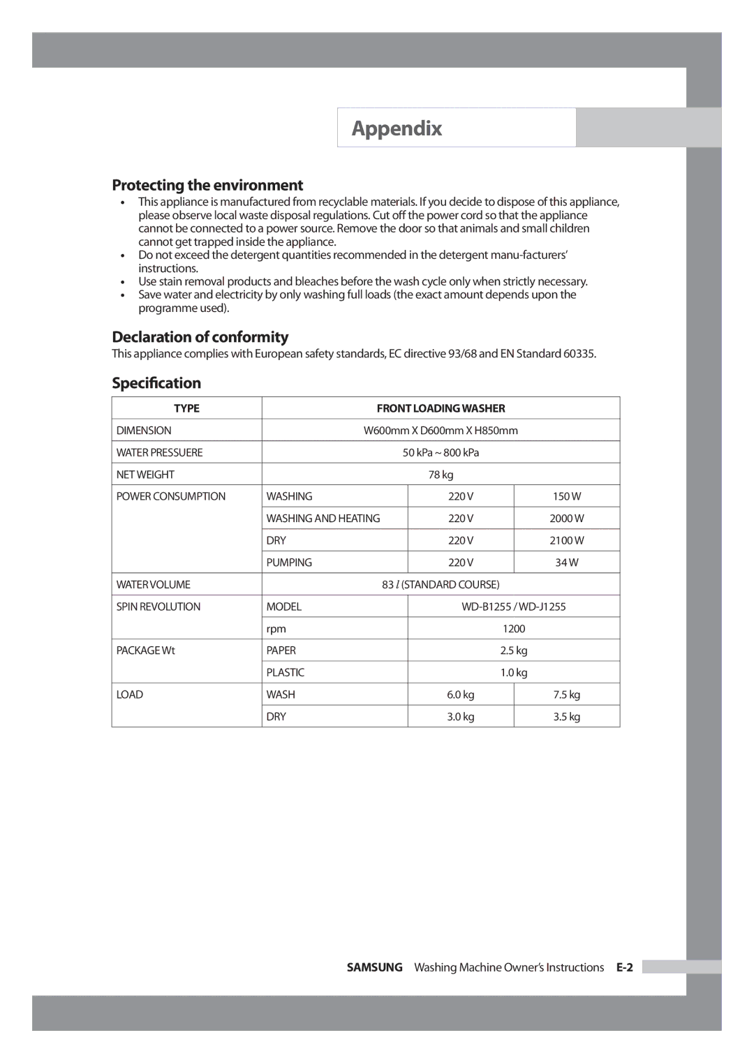 Samsung WD-J1255CF/YL, WD-J1255R/YNQ manual Protecting the environment, Declaration of conformity, Speciﬁcation 