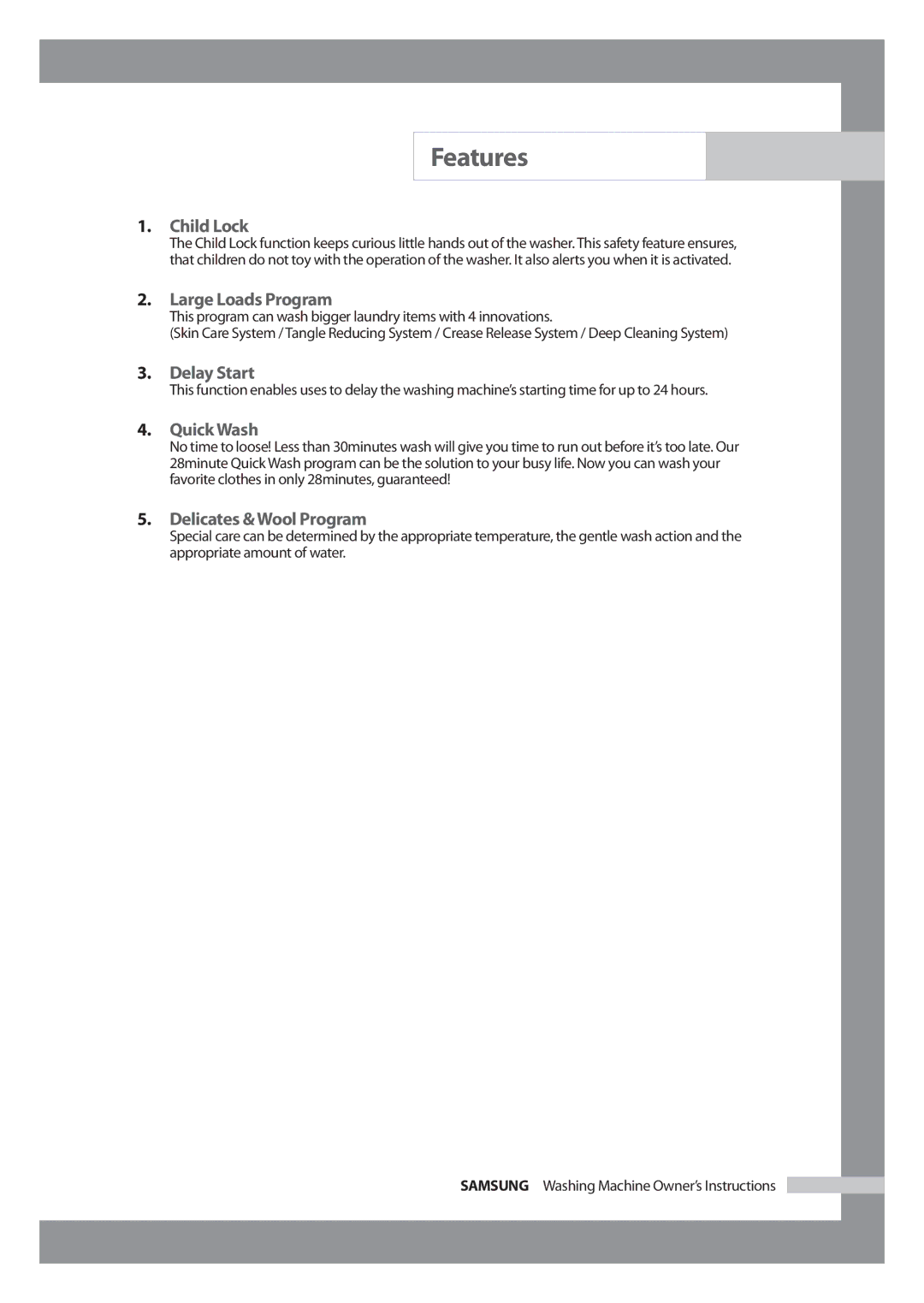 Samsung WD-J1255CF/YL, WD-J1255R/YNQ manual Features 