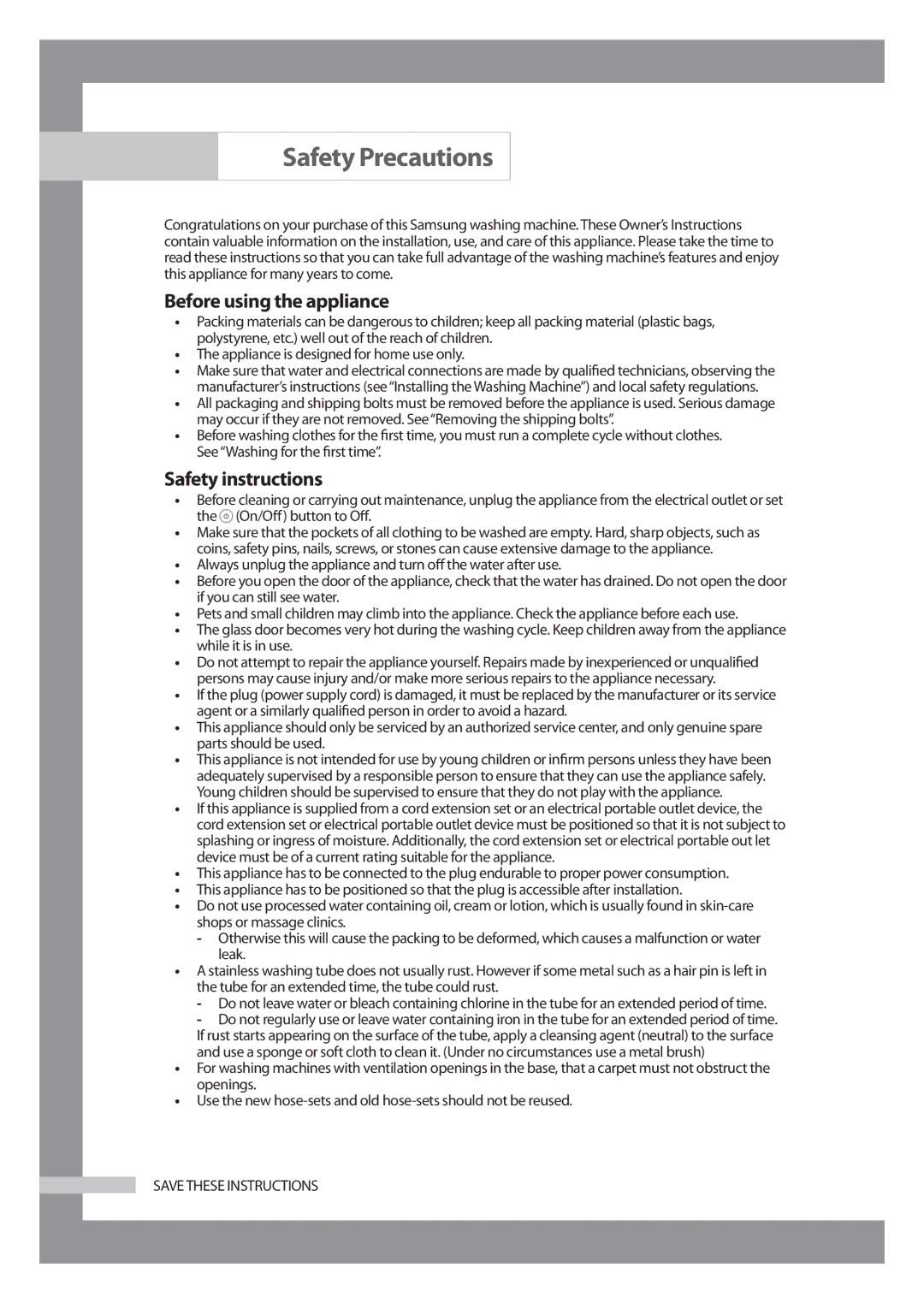 Samsung WD-J1255R/YNQ, WD-J1255CF/YL manual Safety Precautions, Before using the appliance, Safety instructions 