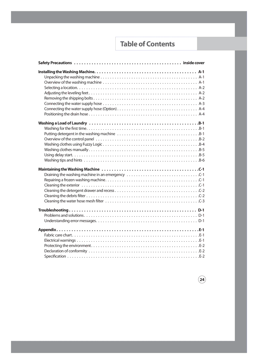 Samsung WD-J1255CF/YL, WD-J1255R/YNQ manual Table of Contents 