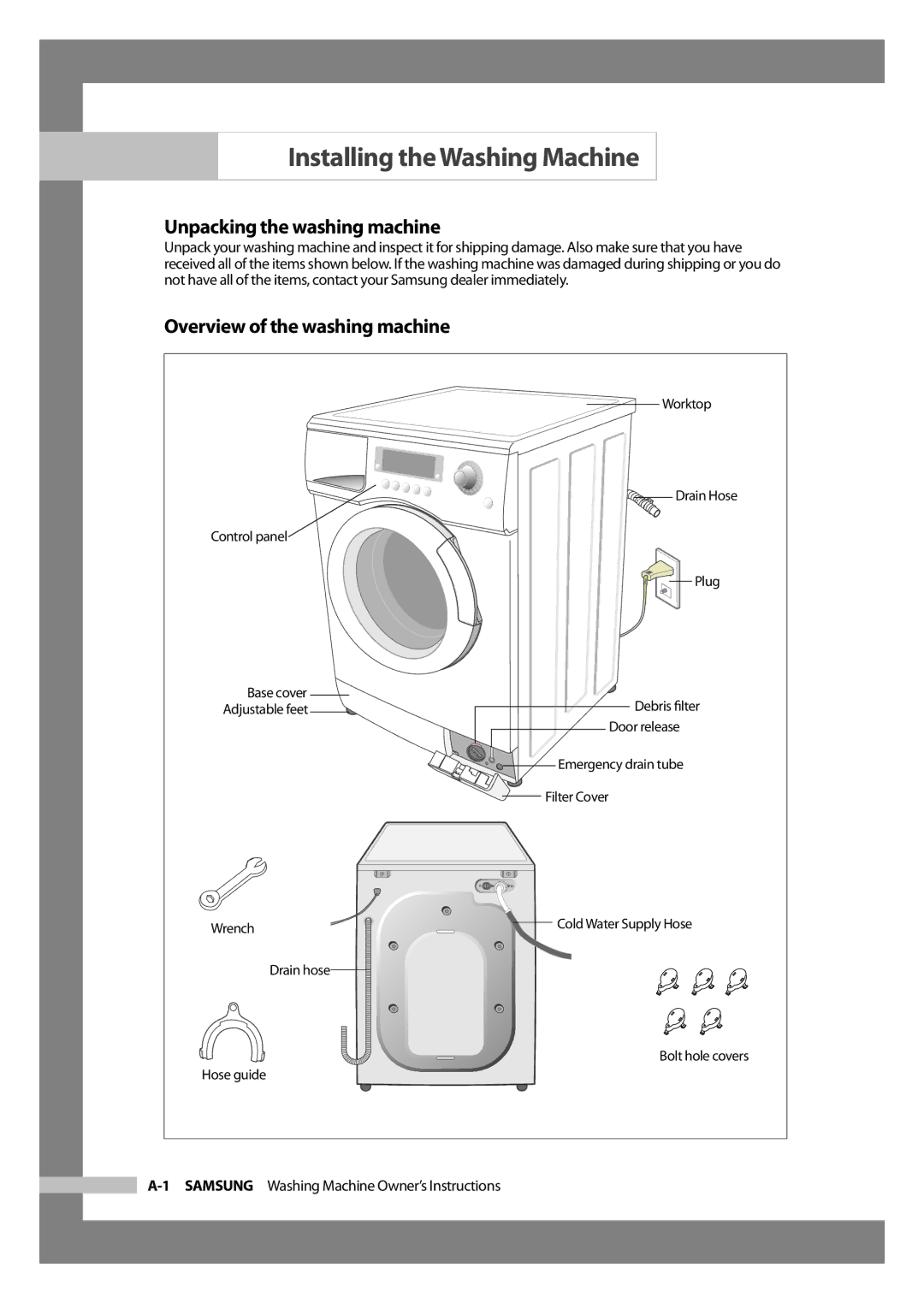 Samsung WD-J1255R/YNQ manual Installing the Washing Machine, Unpacking the washing machine, Overview of the washing machine 