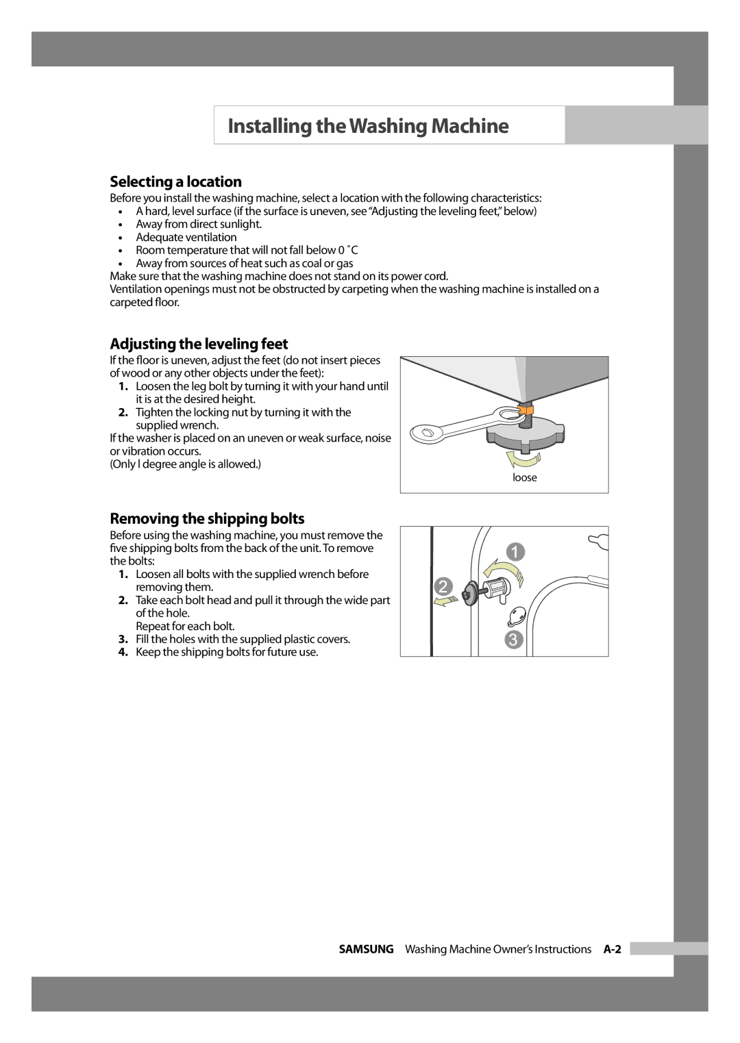 Samsung WD-J1255CF/YL, WD-J1255R/YNQ manual Selecting a location, Adjusting the leveling feet, Removing the shipping bolts 