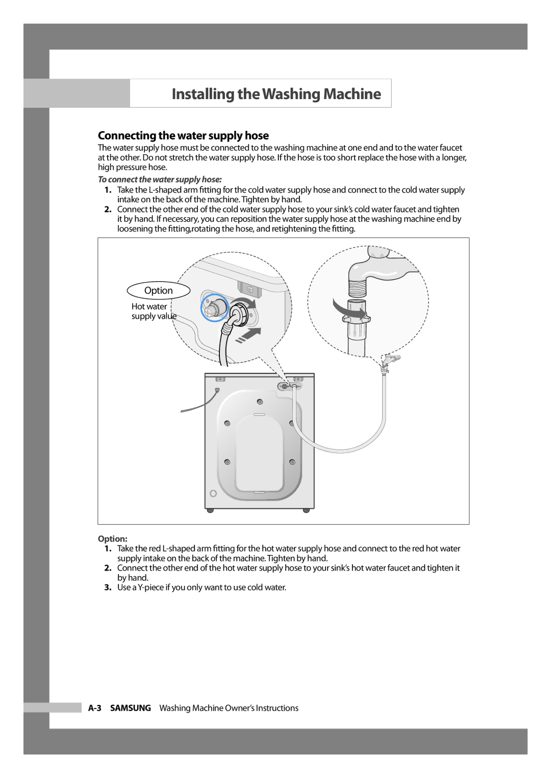 Samsung WD-J1255R/YNQ, WD-J1255CF/YL manual Connecting the water supply hose, To connect the water supply hose 