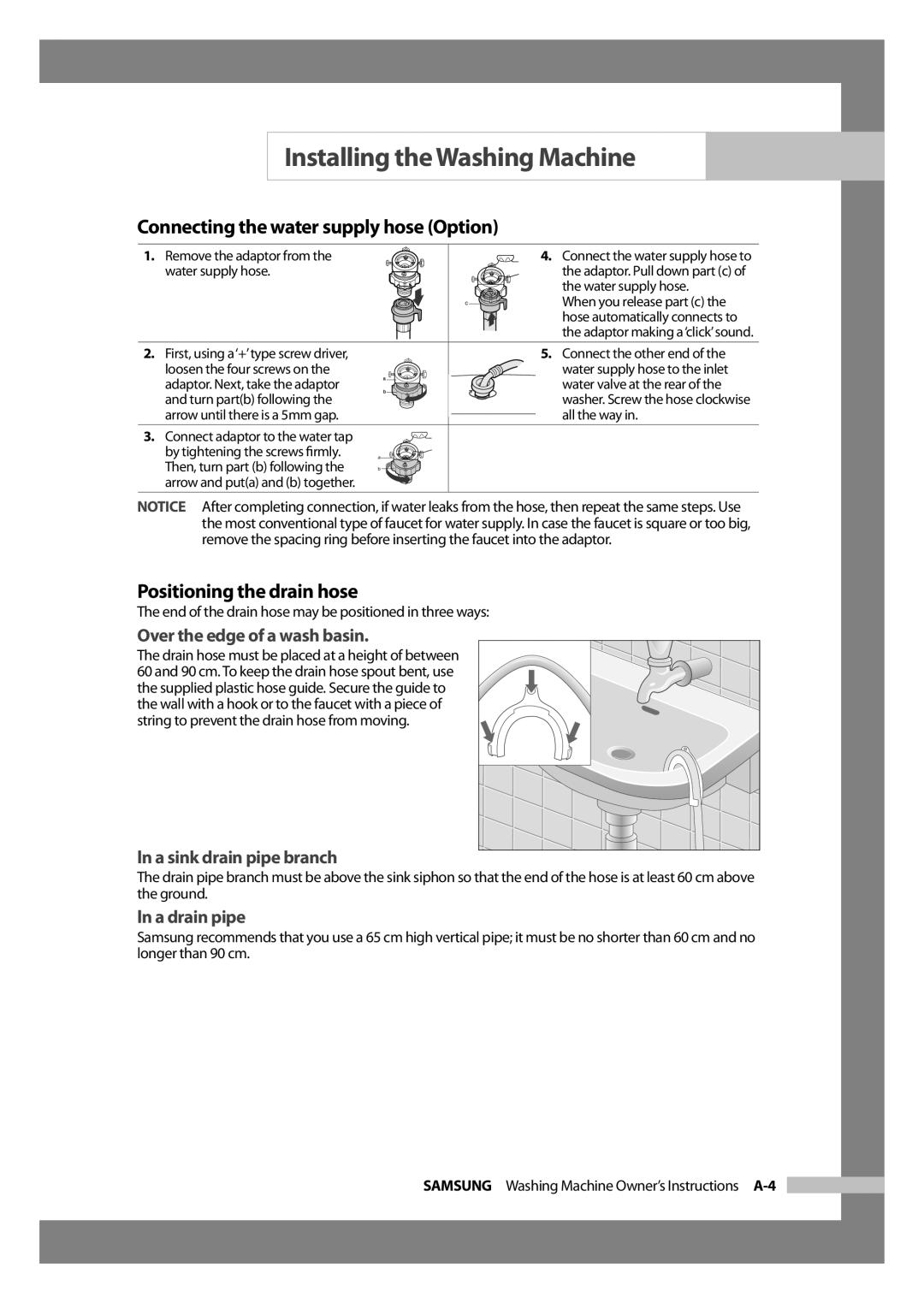 Samsung WD-J1255CF/YL Connecting the water supply hose Option, Positioning the drain hose, Over the edge of a wash basin 