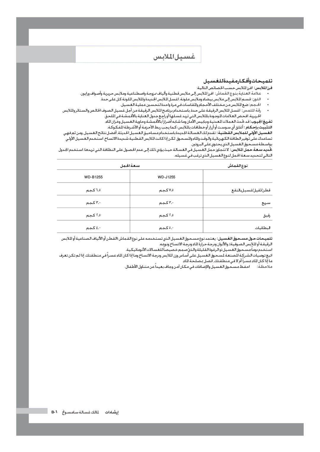 Samsung WD-J1255CF/YL, WD-J1255R/YNQ manual ليسغلل ةديفم راكفأو تاحيملت, لملحا ةعس شامقلا عون 