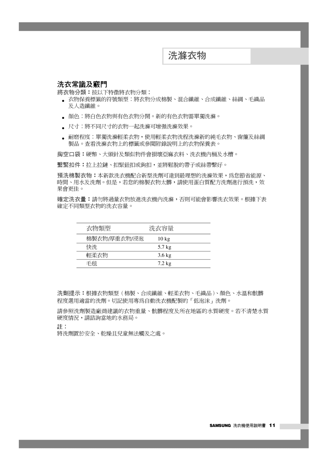 Samsung WD-Q1255S, WD-Q1255V manual 洗衣常識及竅門, 衣物類型洗衣容量 