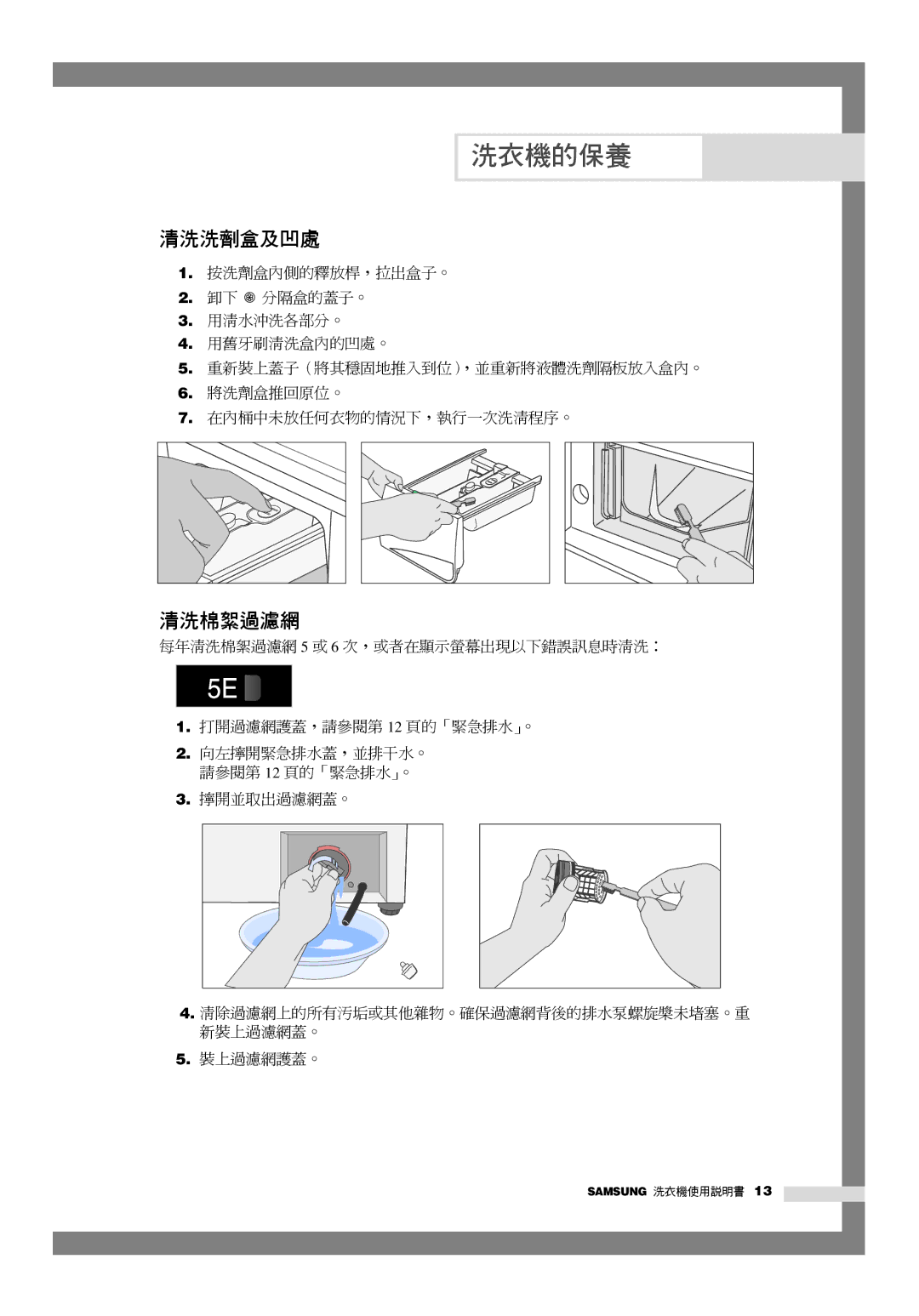 Samsung WD-Q1255S, WD-Q1255V manual 清洗洗劑盒及凹處, 清洗棉絮過濾網 