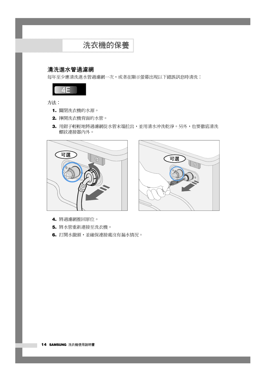 Samsung WD-Q1255S, WD-Q1255V manual 清洗進水管過濾網, 方法： 