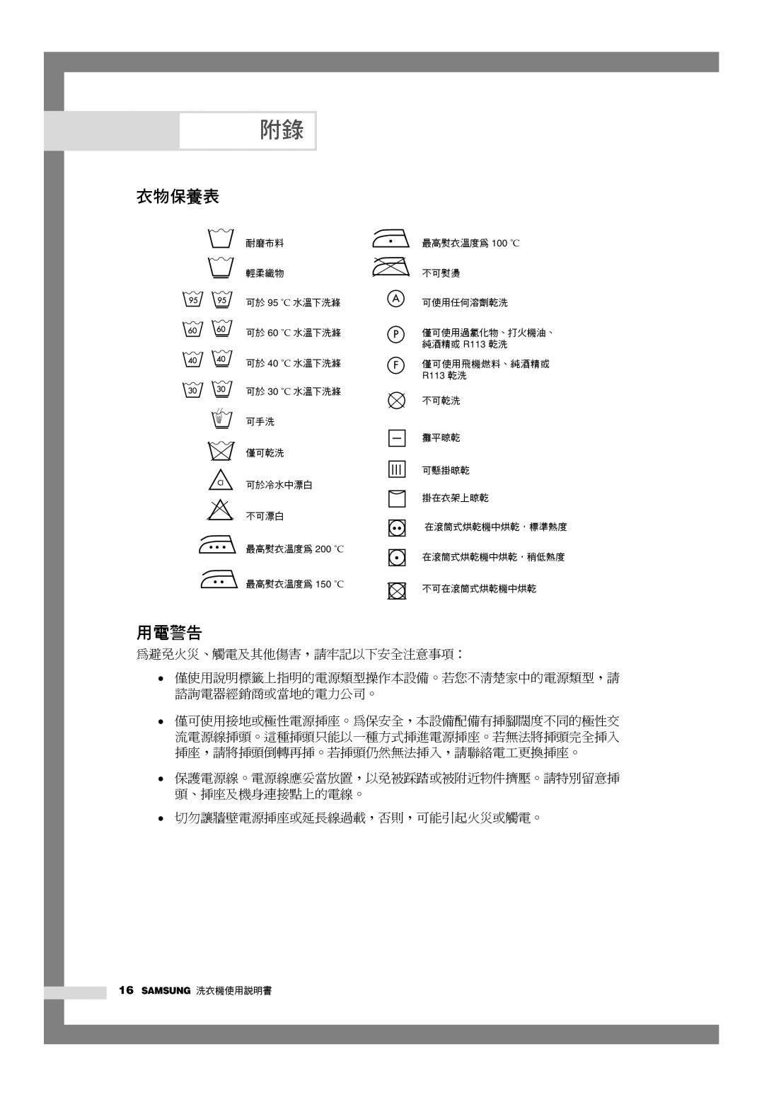 Samsung WD-Q1255S, WD-Q1255V manual 衣物保養表, 用電警告 