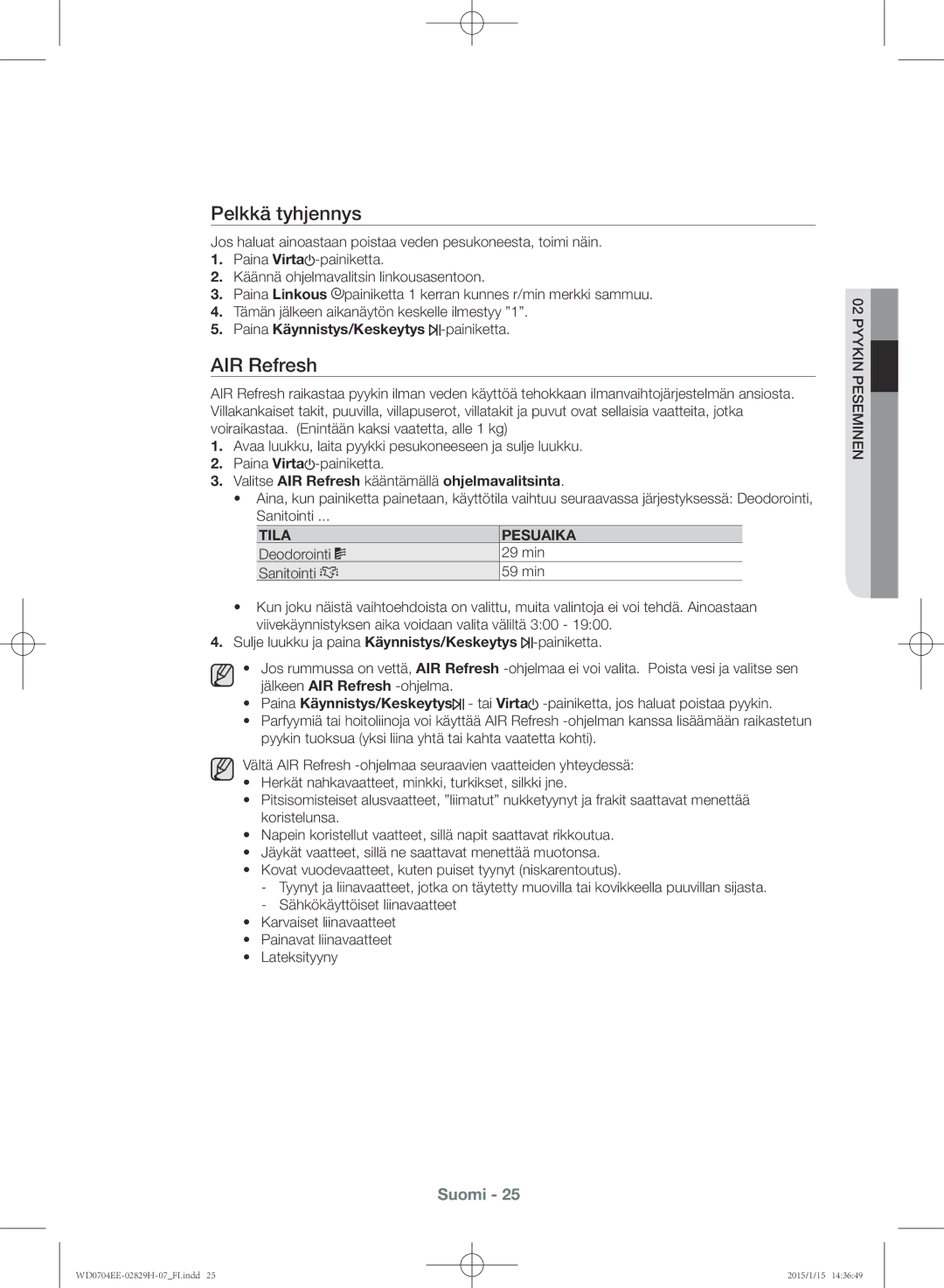 Samsung WD0704EEC/XEE manual Pelkkä tyhjennys, Valitse AIR Refresh kääntämällä ohjelmavalitsinta, Tila Pesuaika 