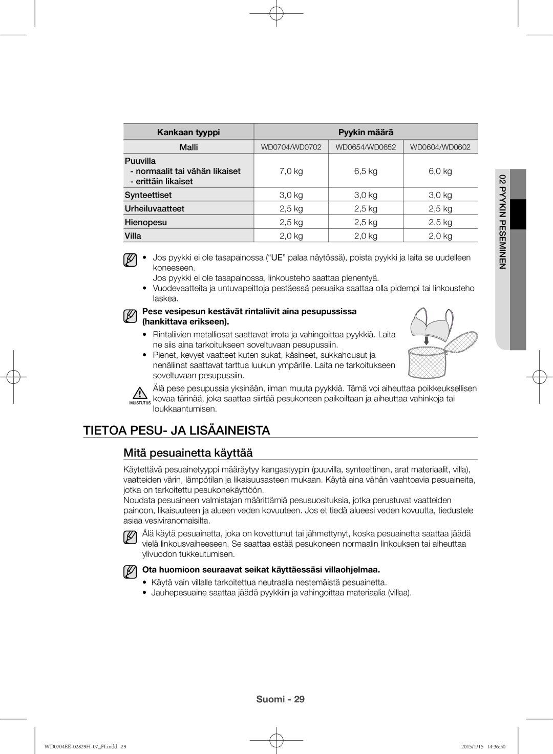 Samsung WD0704EEC/XEE manual Tietoa pesu- ja lisäaineista, Mitä pesuainetta käyttää, Kankaan tyyppi Pyykin määrä, Malli 