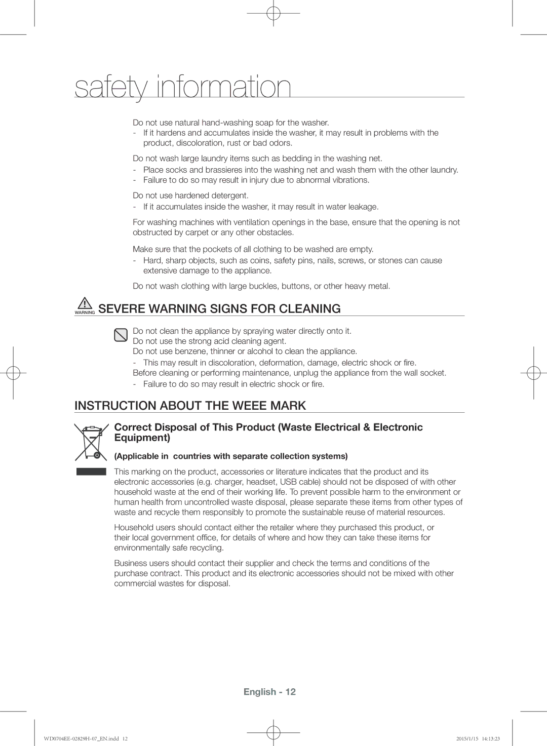 Samsung WD0704EEC/XEE manual Instruction about the Weee mark, Applicable in countries with separate collection systems 