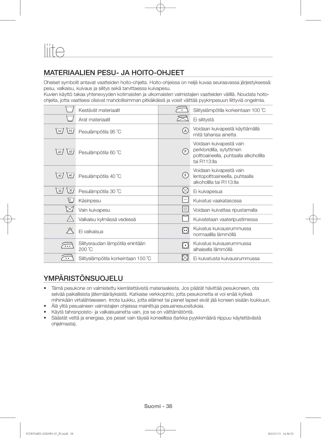 Samsung WD0704EEC/XEE manual Liite, Materiaalien pesu- ja hoito-ohjeet, Ympäristönsuojelu 