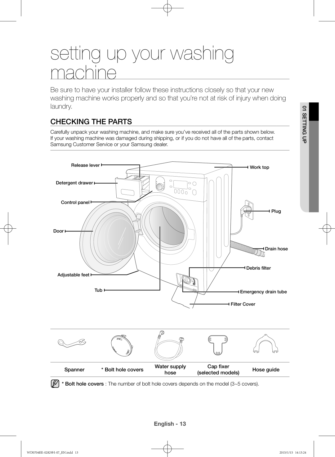 Samsung WD0704EEC/XEE manual Setting up your washing machine, Checking the parTS 