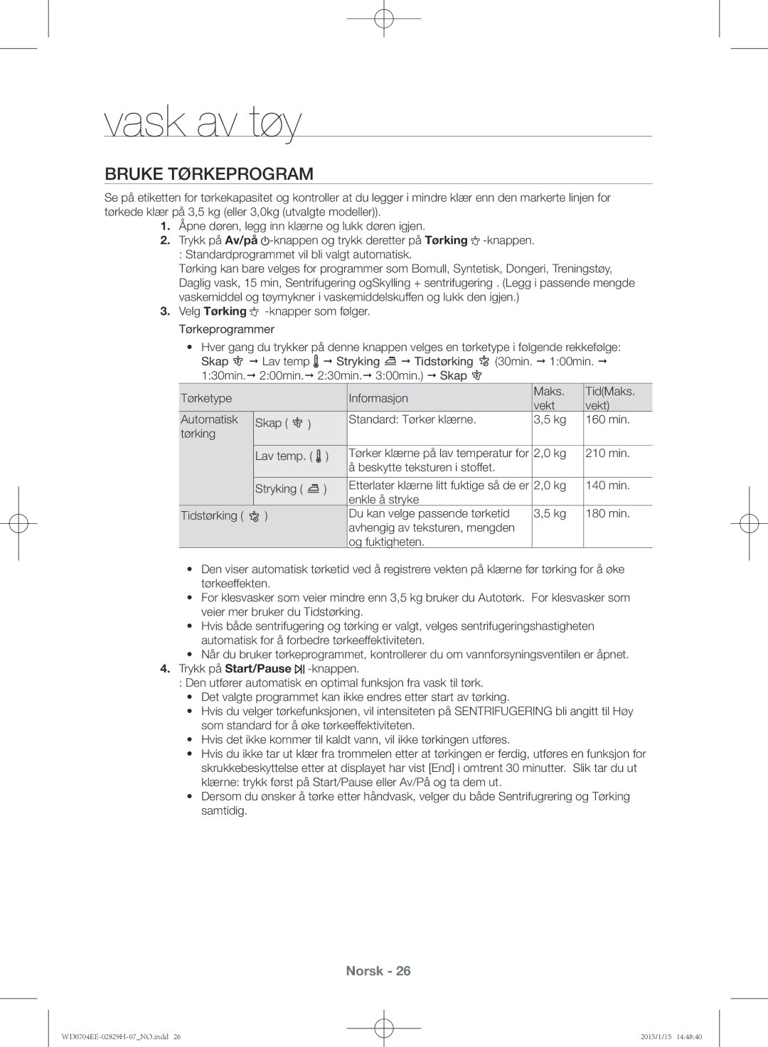 Samsung WD0704EEC/XEE manual Bruke tørkeprogram, Beskytte teksturen i stoffet Stryking 