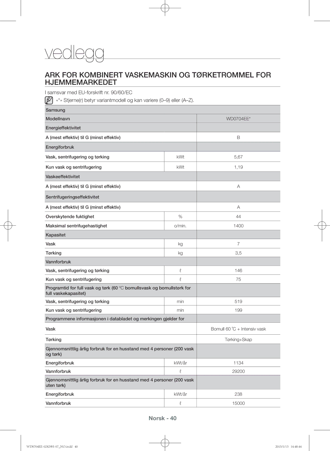 Samsung WD0704EEC/XEE manual Kun vask og sentrifugering Min 