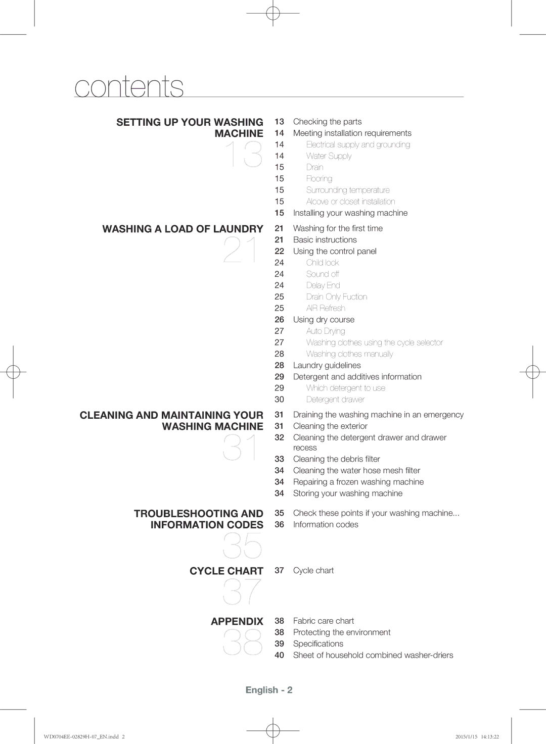 Samsung WD0704EEC/XEE manual Contents 