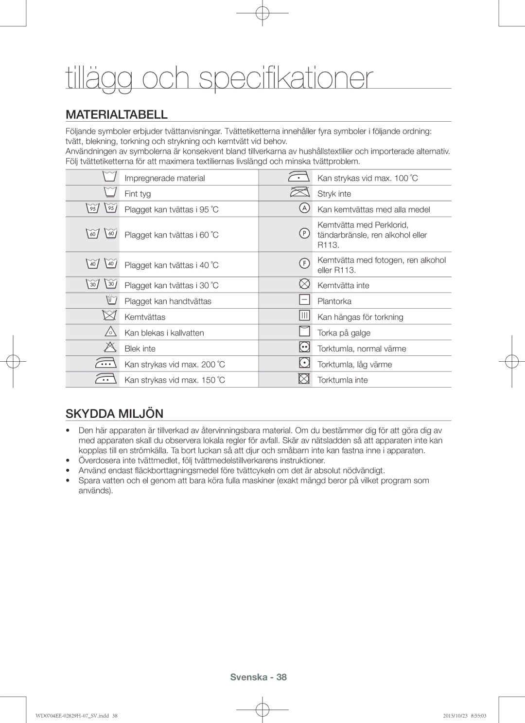 Samsung WD0704EEC/XEE manual Tillägg och specifikationer, Materialtabell, Skydda miljön 