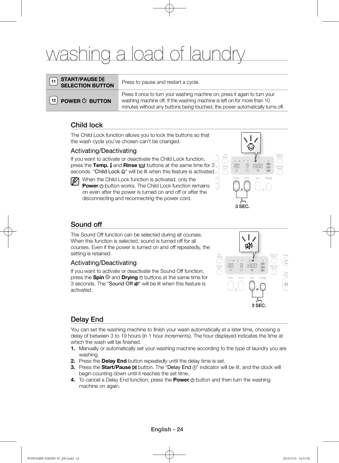 Samsung WD0704EEC/XEE manual Child lock, Sound off, Delay End, Activating/Deactivating, Start/Pause 