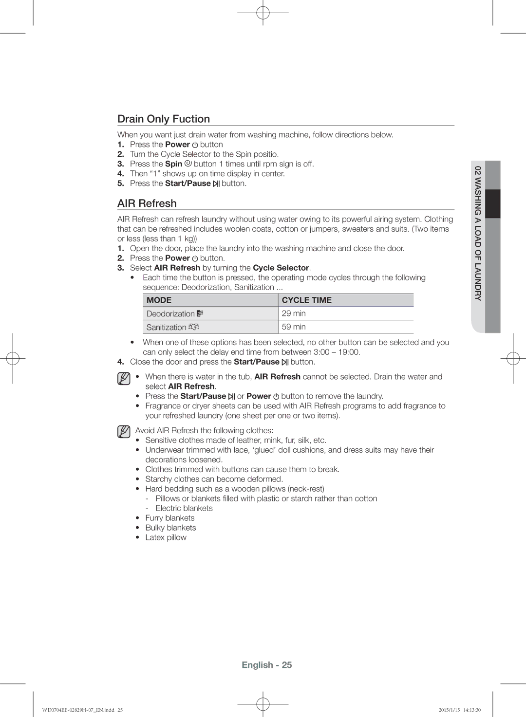 Samsung WD0704EEC/XEE manual Drain Only Fuction, Select AIR Refresh by turning the Cycle Selector, Mode Cycle Time 